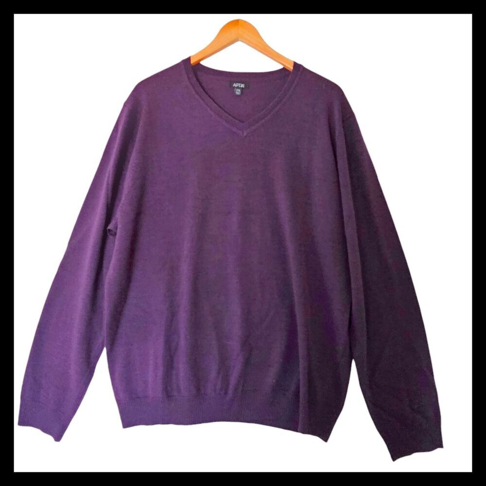 Apt 9 Mens Merino Wool Blend V-Neck Sweater Pullover‎ Long Sleeve XXL Purple